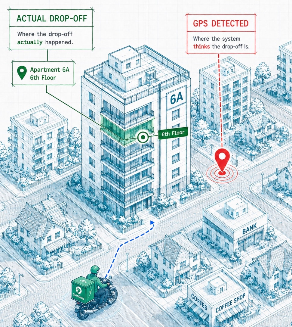 An aerial view of a block. The actual drop-off is marked at apartment 6A on the sixth floor; what GPS detected is marked out on the street, a building away.